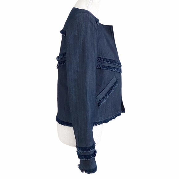 ELIZABETH AND JAMES DARK WASH DENIM FRINGE COLLARLESS JACKET - XS - Picture 2 of 9